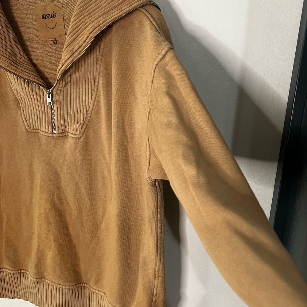 aerie Women's Zip-Up Sailor Collar Sweater in Camel - Picture 2 of 5